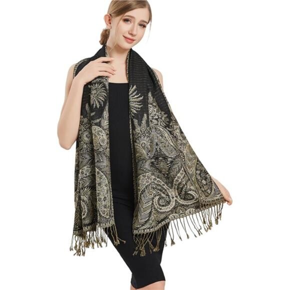 Silky Paisley Pashmina Shawl Scarf-Women's Soft Double-side Jacquard - Picture 2 of 6